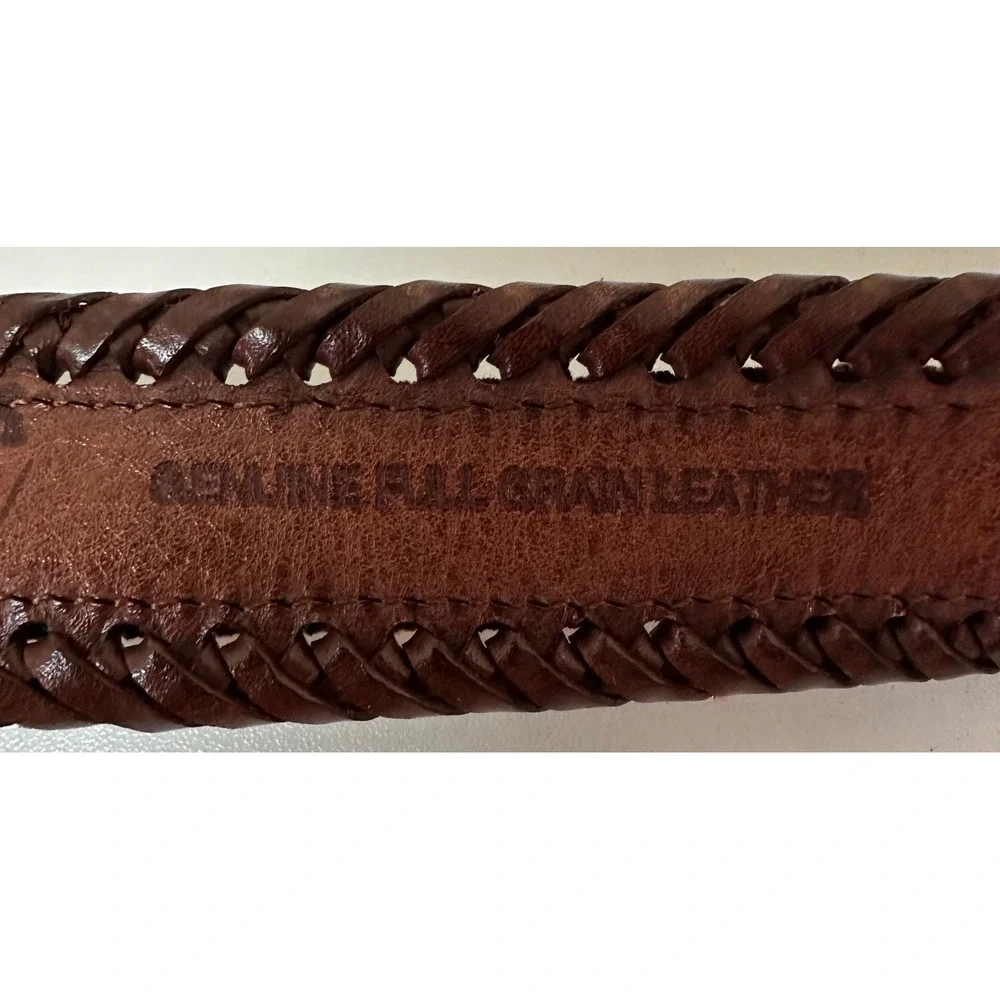 LL Bean Men's 42 Brown Leather Braided Belt Southwestern Woven Inlay Brass